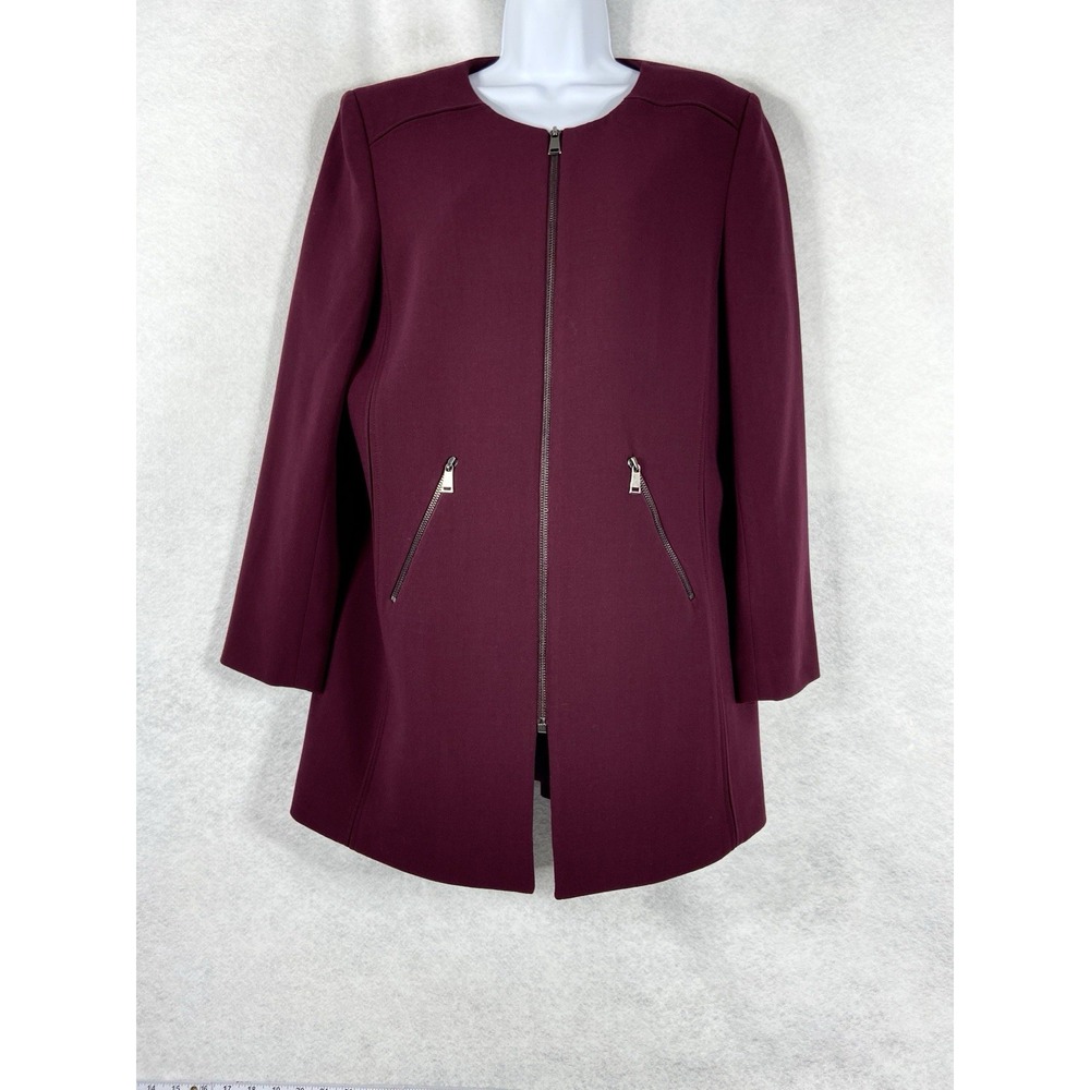 Tahari Asl Long Jacket Women's 12 Burgundy Full Zip Long Sleeves